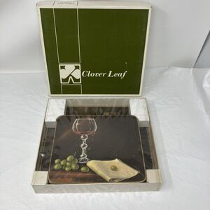 VTG 70s Clover Leaf Table Mats Wine Still Life Box Set Placemats Cork Back NOS